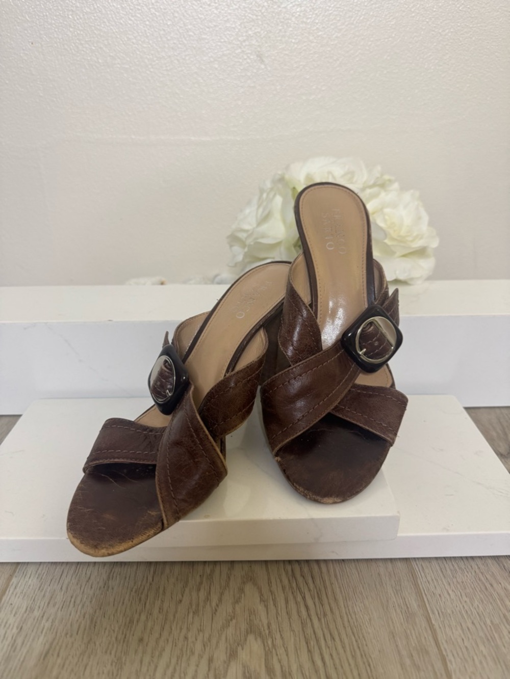Franco Sarto Brown Leather Crisscross Slide Mules with Buckle